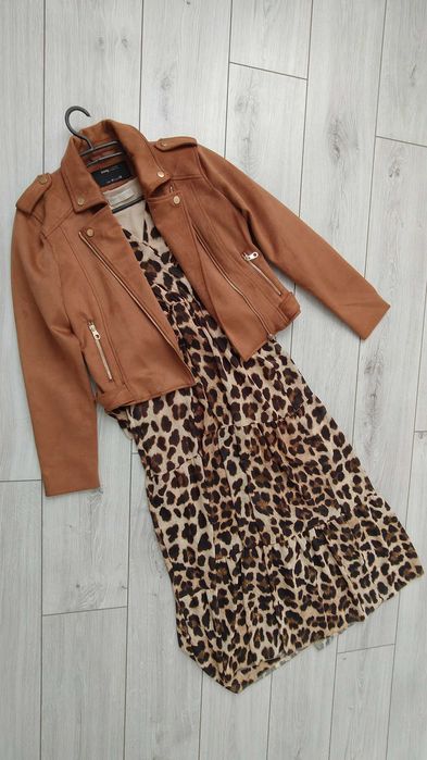 Włoska Sukienka Panterka Szyfon Maxi M - L Camel