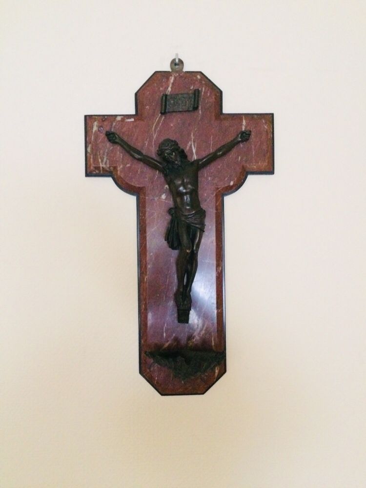Stary duży krzyż marmurowy, figura z brązu, pasyjka, krucyfiks, 51 cm