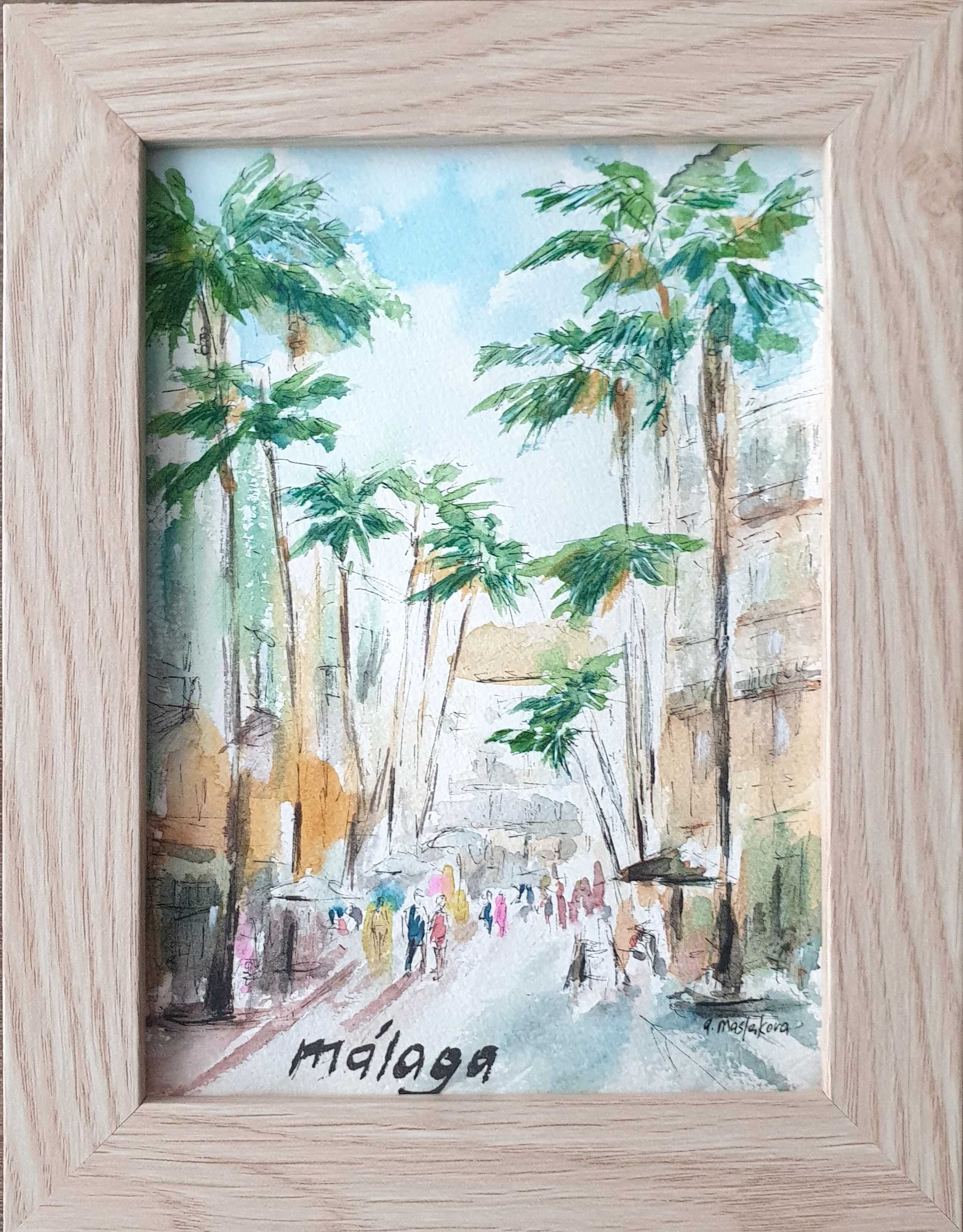 Obraz ręcznie malowany "Szkice z Hiszpanii" +rama palmy akwarela ulica