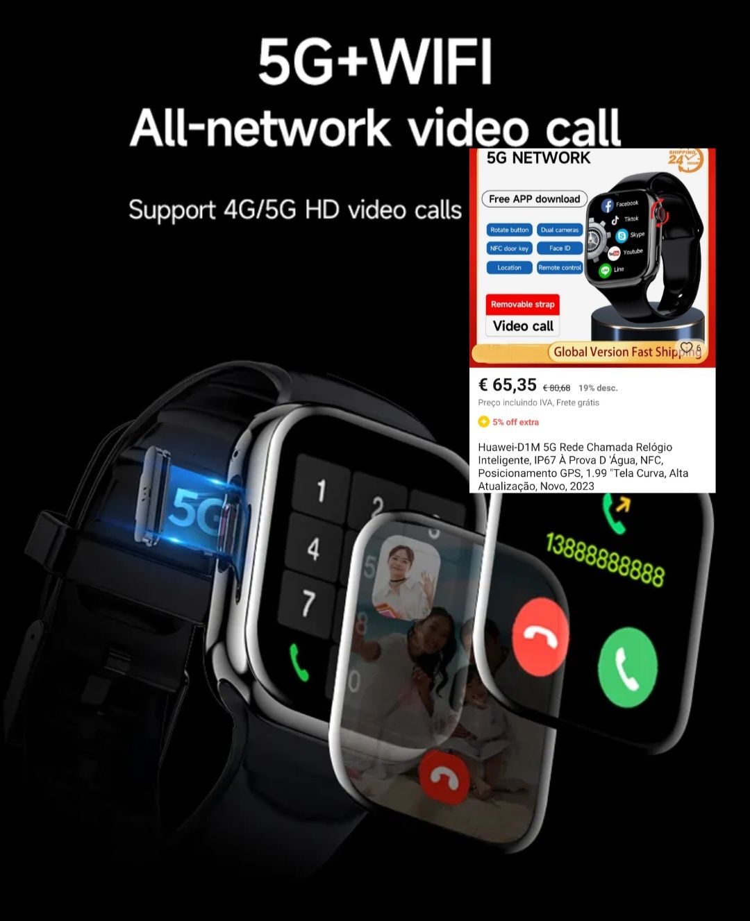 Smartwatch fitness 4G, ANDROID, câmara frontal pa Vídeo-chamadas! NOVO
