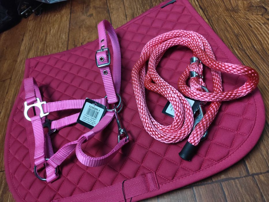 Komplet shetty dla małego kuca różowy czaprak kantar uwiąz
