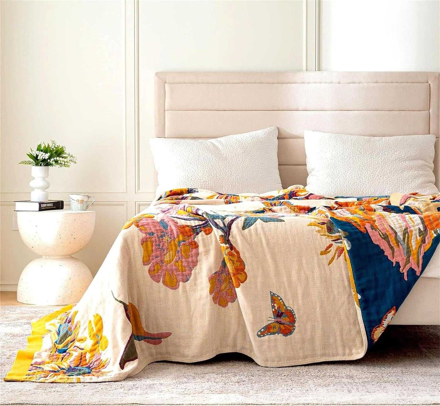 dwustronny koc bawełniany,  narzuta na łóżko w stylu boho 200 x 230 cm