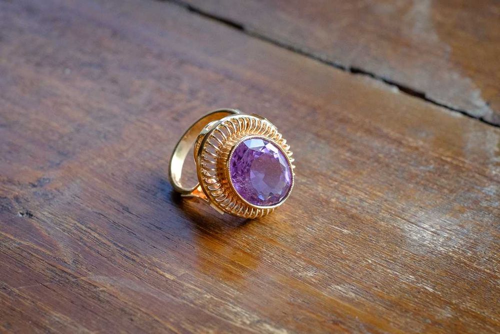 Złoty pierścień z ametystem (vintage, PRL, WMS)