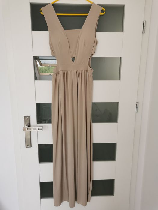 Sukienka maxi z wycięciami beżowa codzienna,wesele,wieczorowa, r.uni