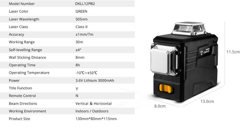 Cамовыравнивающийся лазерный уровень Deko 3D DKLL12PB2, зеленый луч