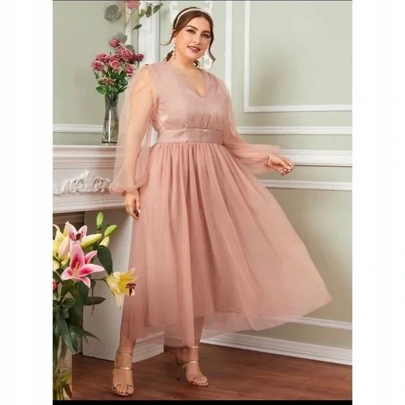 Sukienka błyszcząca tiulowa maxi dusty pink XL 42