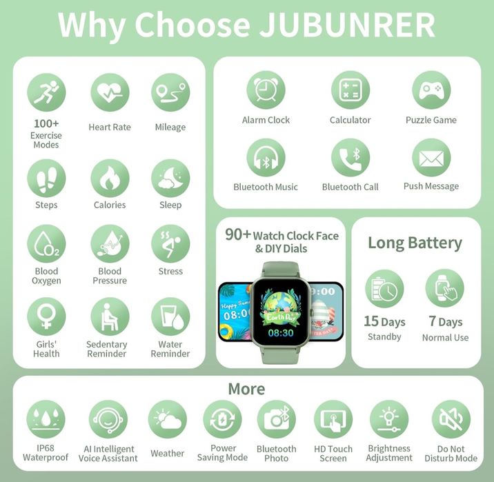 JUBUNRER Smartwatch Dzieci Monitor Snu Krokomierz 3+ Lata zielony