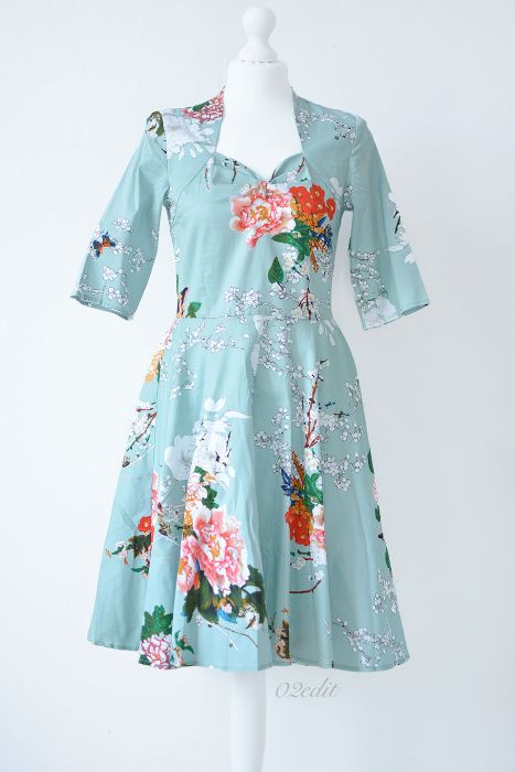 Miętowa Sukienka retro pin up vintage w kwiaty