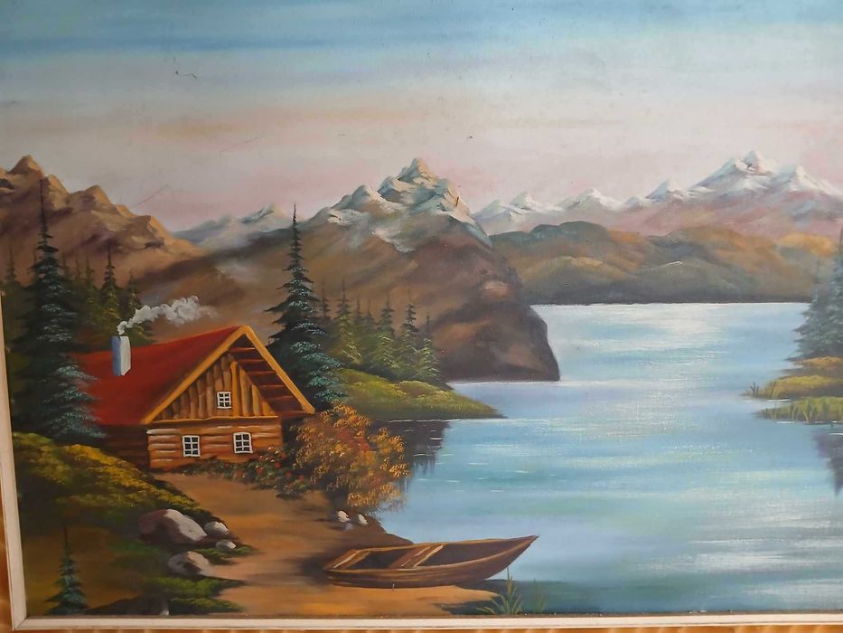 Obraz malowany ręcznie na płótnie Drewniane Chaty nad Zalewem w Górach