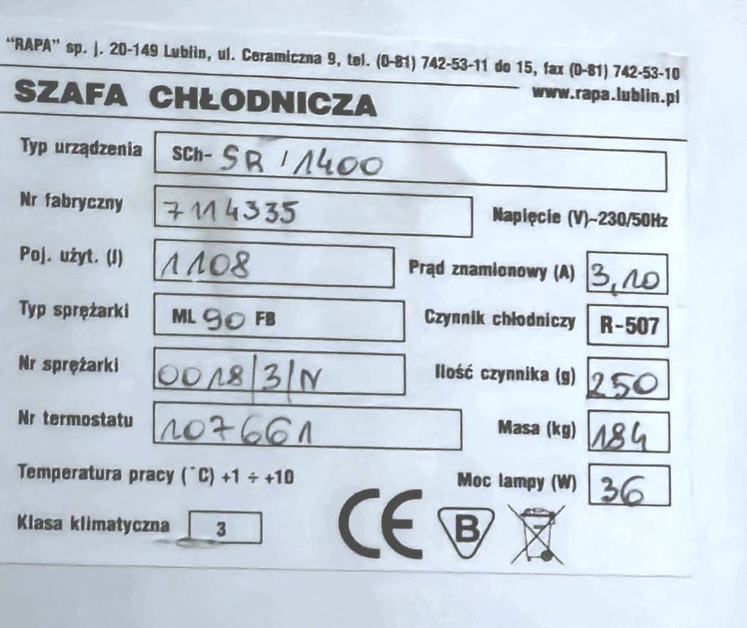 Szafa chłodnicza Rapa Sch-SR 1400 CENA PROMOCYJNA TYLKO KILKA DNI