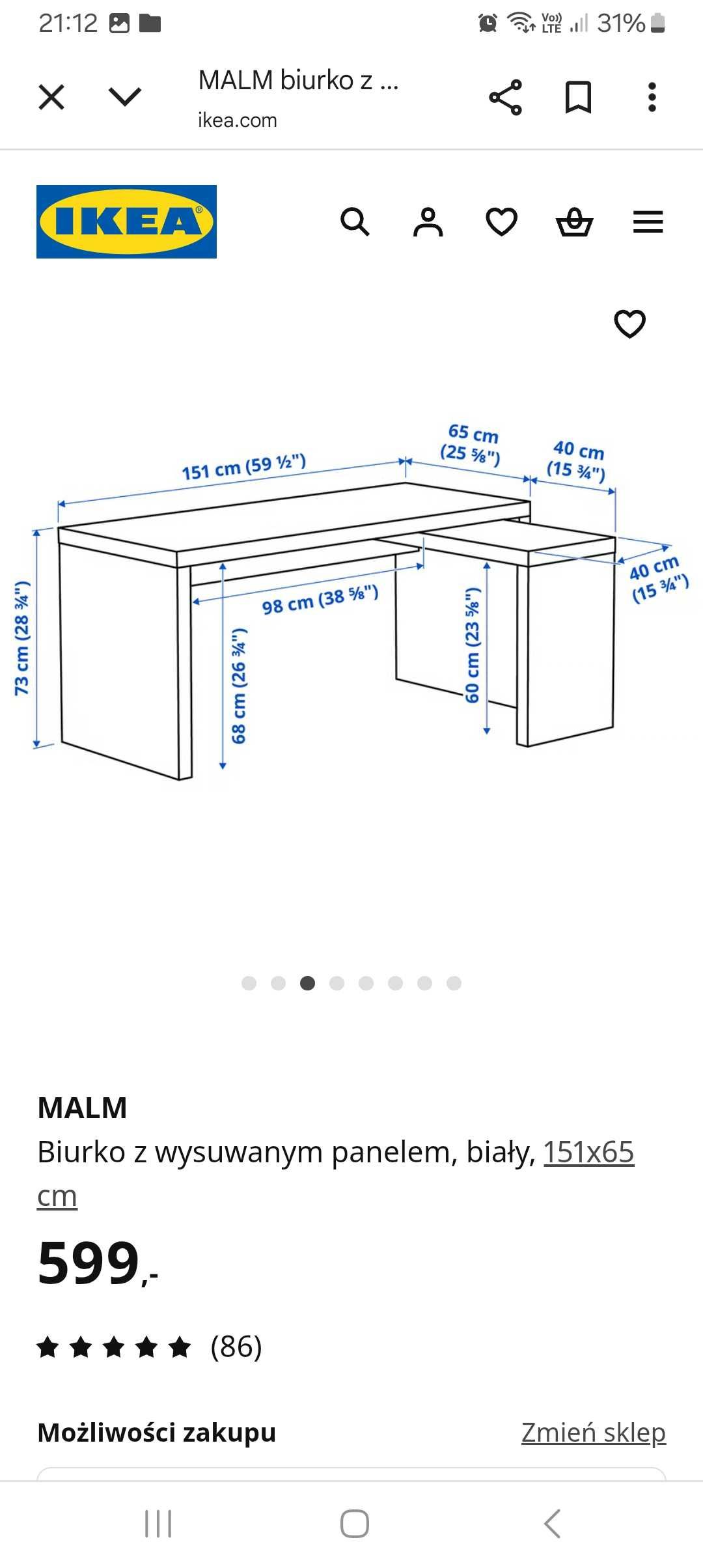 Biurko MALM, z wysuwanym panelem 151x65, Ikea
