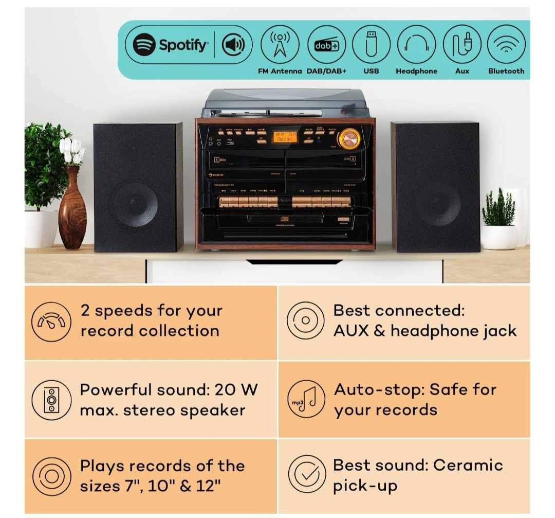 Wieża stereo,  płyty winylowe, CD, kasety, BT, FM/DAB+, USB