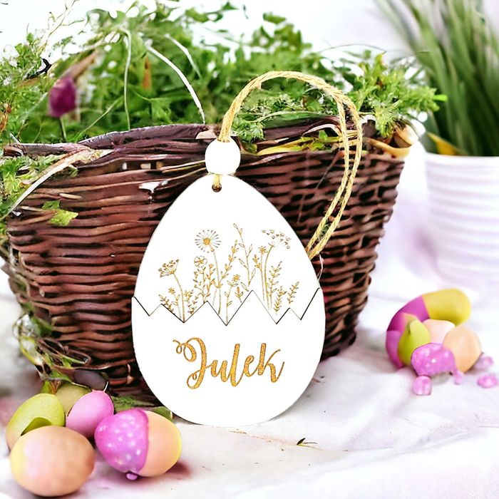 Zawieszka drewniana do koszyczka JAJKO WIELKANOC Imię grawer PREMIUM