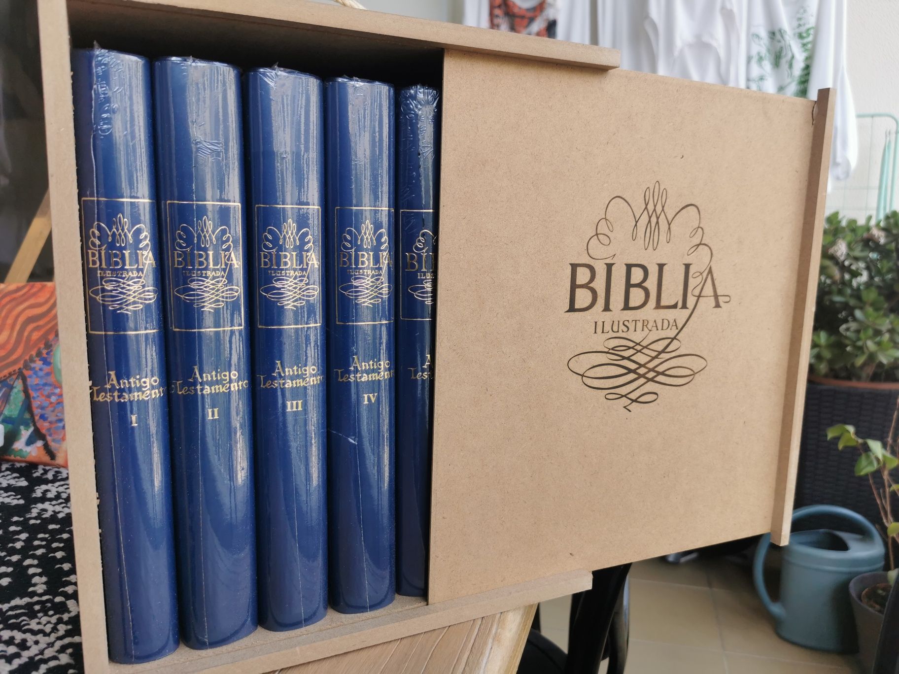 Bíblia sagrada (nova no plástico) ilustrada 7 volumes caixa madeira