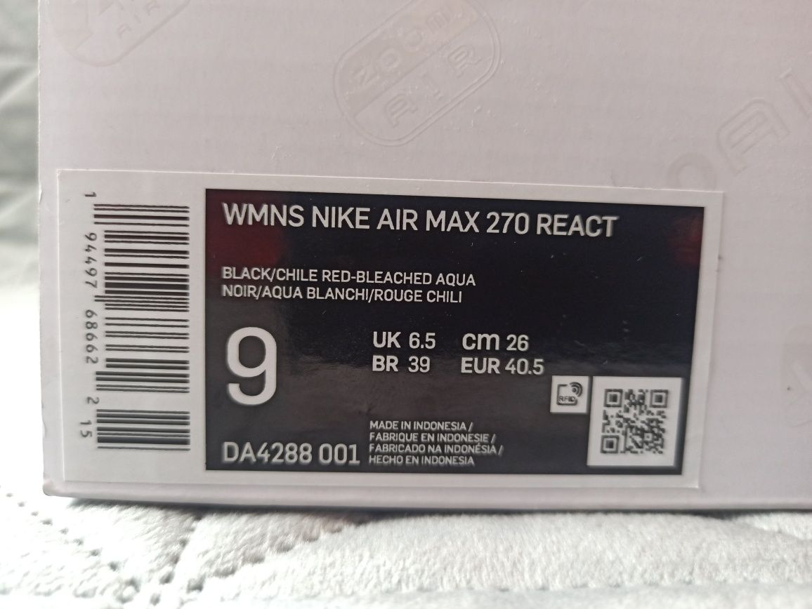 Nowe Nike Air Max 270 React Black / Chile Red / Bleached Aqua ROZ. 40