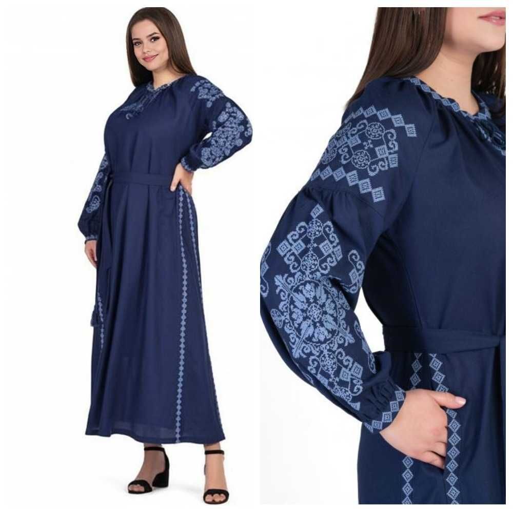 Темно-синя сукня-вишиванка, льон, максі, р-ри: S, M, L, XL, 2XL, 3XL