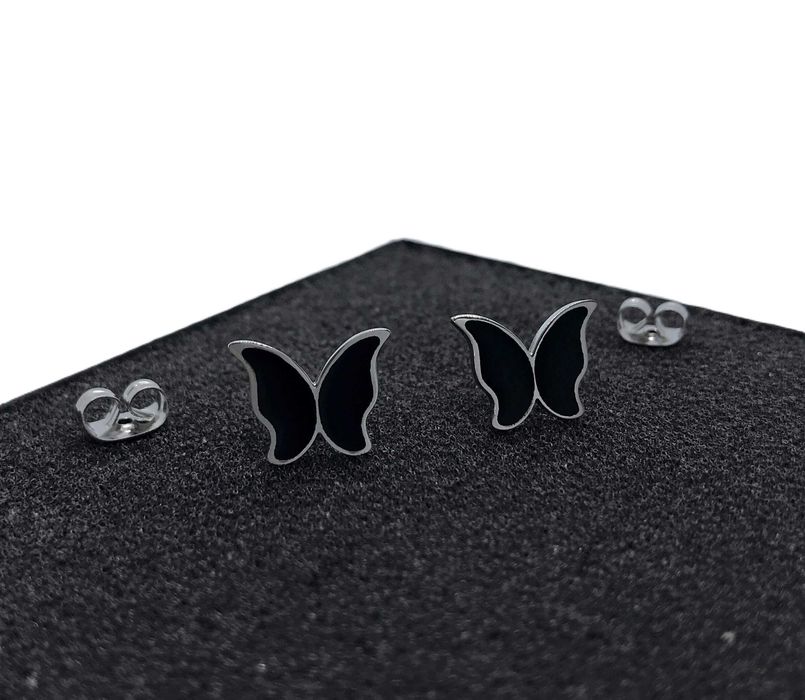 Kolczyki czarne motyle srebrne wkrętki 1cm stal chirurgiczna