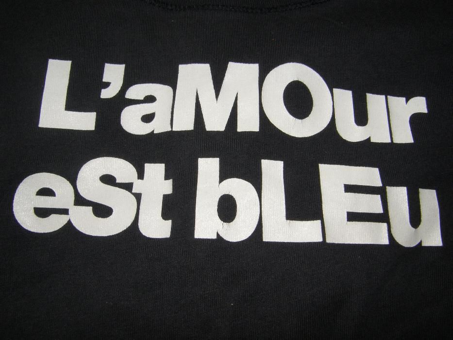 T-shirt granatowy damski, Denim, francuski nadruk, L'amour Est Bleu