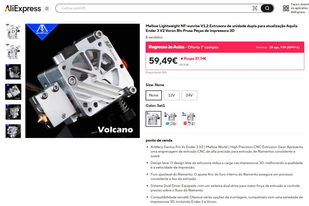Extrusor Metálico Dual-Gear p/ Impressora3D - Mellow NF Sunrise - Novo