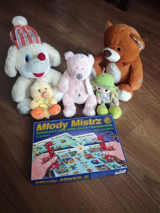 Zestaw zabawek, miś, lalka, pluszaki + gra edukacyjna