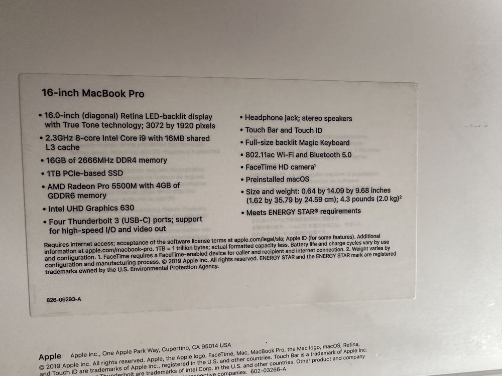MacBook Pro 16" i9/16Gb DDR4/SSD 1000Gb/Radeon 5500m Space grey