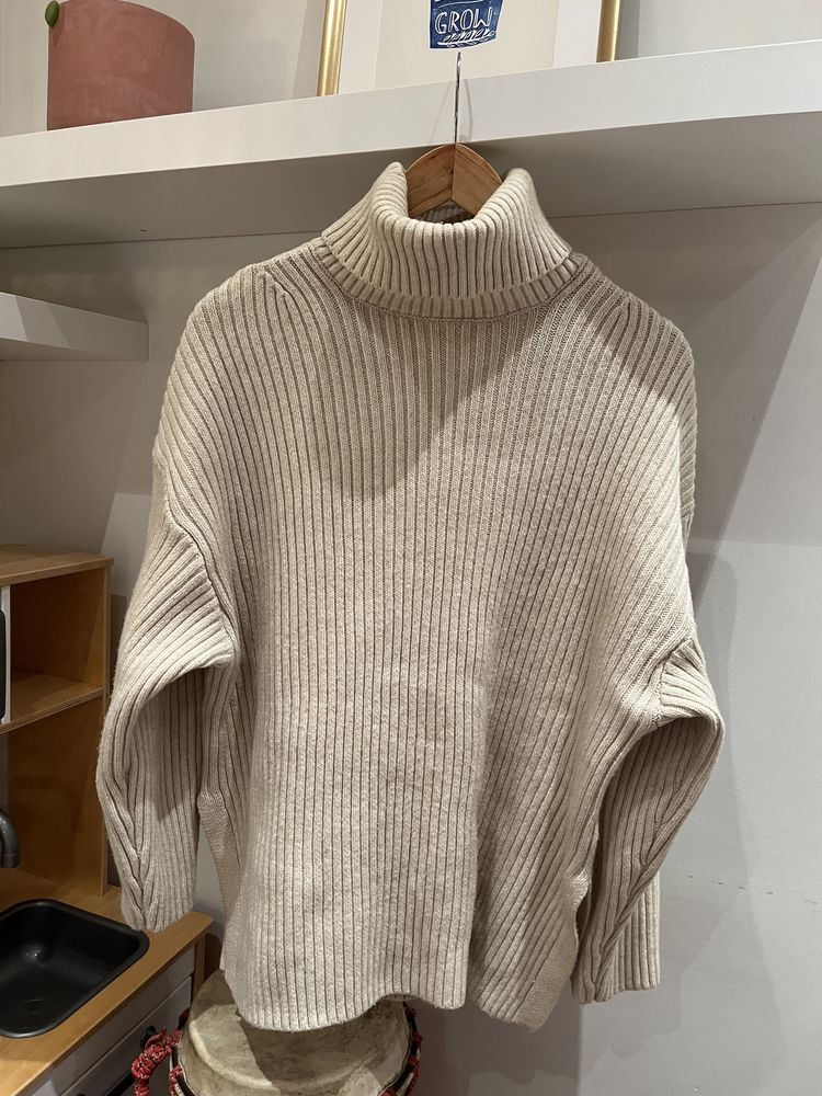 Sweter 6%wełna golf beż prążek H&M S