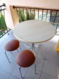 Okrągły stół na metalowej nodze, śr. 90 cm + 2 taborety