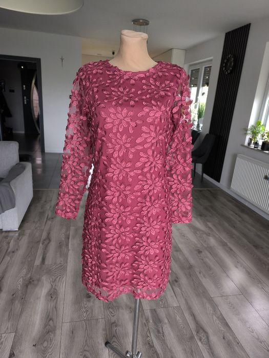 R.36 donna bordowa sukienka z długim rękawem, kwiatuszki 3d
