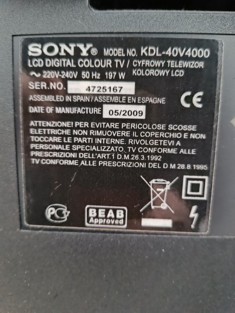 Telewizor SONY KDL-40V4000 + pilot + kino domowe + stojak