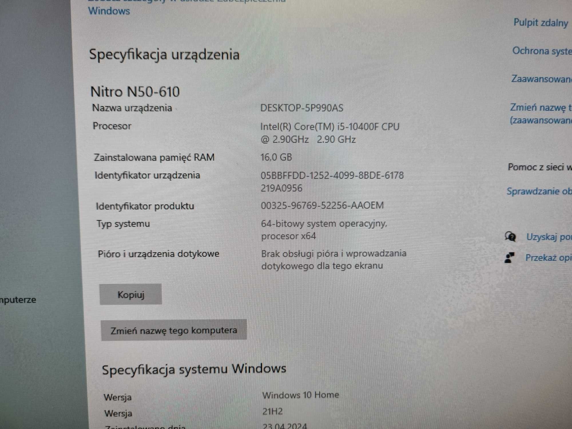 Acer Nitro 50 16/1000GB RTX 3060Ti 8GB Jak nowy