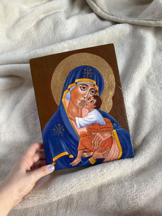 Ręcznie malowany obraz Maryja i Jezus ilona ikonografia akryl