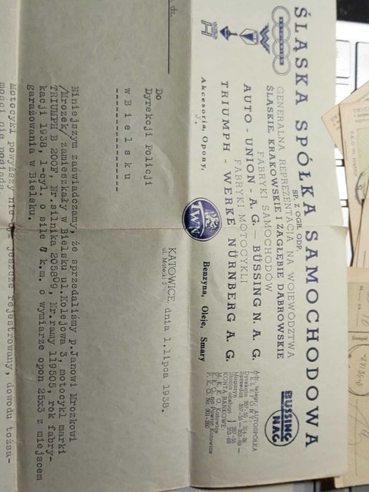 Motocykl Triumph 1938 - Stare Dokumenty zakupu, opłaty - Auto Union