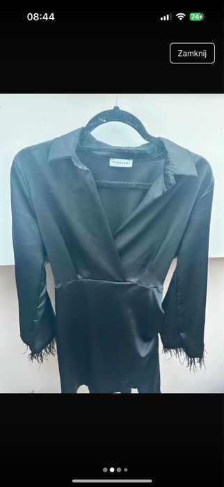 Sukienka czarna pióra satyna zara kołnierzyk dekolt