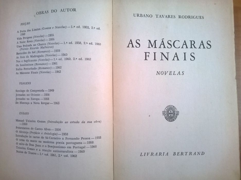 "As Máscaras Finais" (1.ª ed.) - Urbano Tavares Rodrigues
