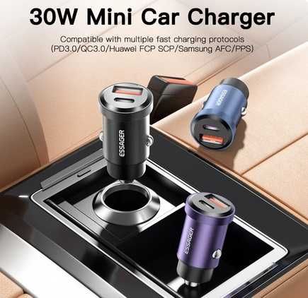 Автомобільна зарядка ESSAGER USB + Type C, Quick Charge 4.0