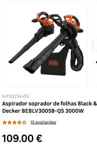 Black + Decker 3 em 1 Aspirador /Soprador de Jardim 3000W  NOVO