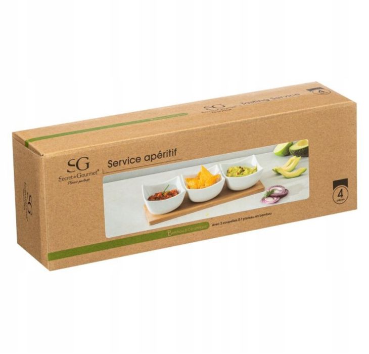 Zestaw 3 sztuk miseczka na przekąski porcelanowe + bambusowa tacka