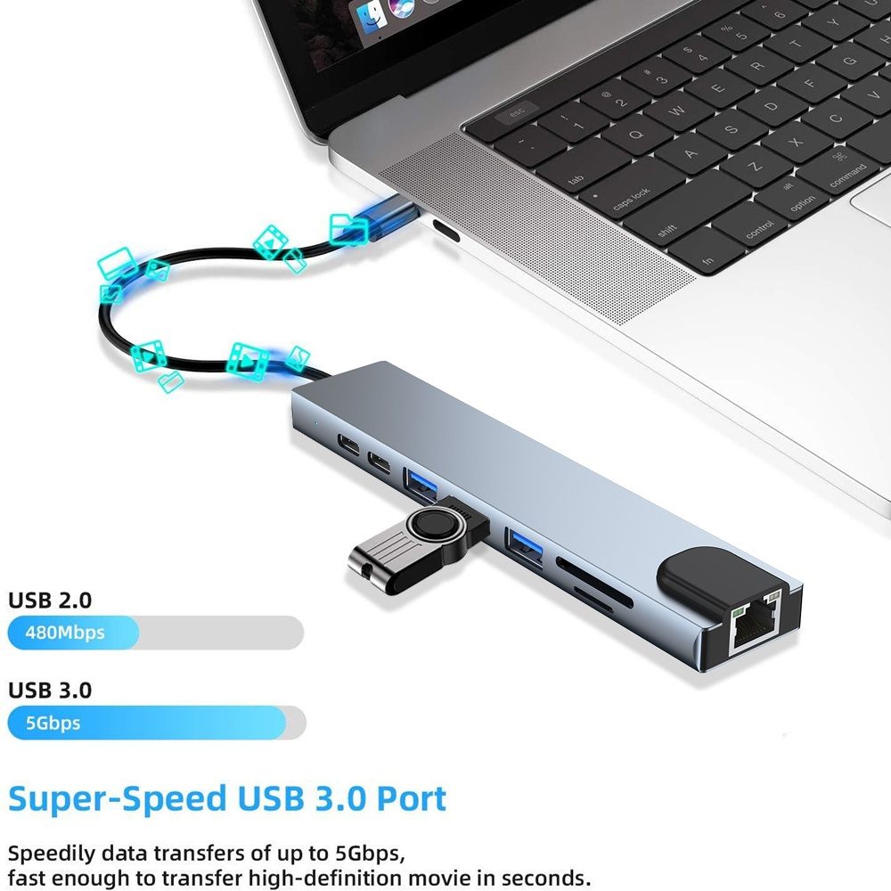 Адаптер Usb,type-c Hub 8 в 1 HDMI PD картридер SD TF RJ45 macbook 4K