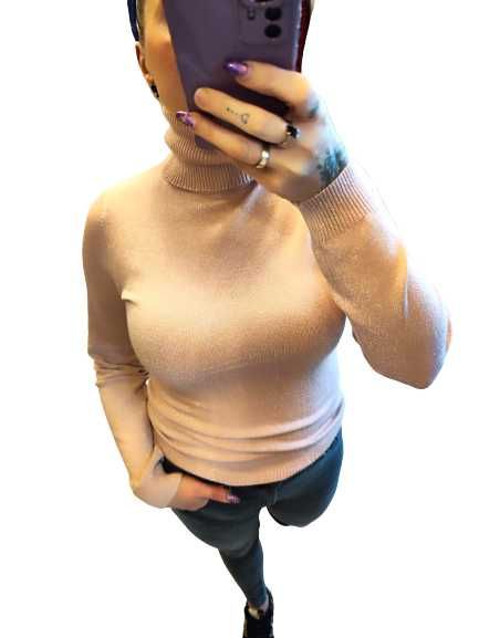 Różowy Sweter Golf Wiskozowy Świecąca Nitka UNI