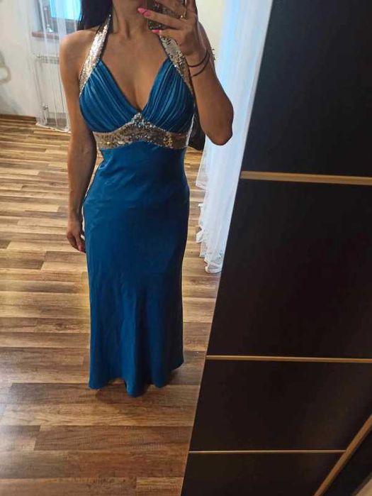 Niebieska długa S SUKIENKA wieczorowa z cekinami błyszcząca  glamour
