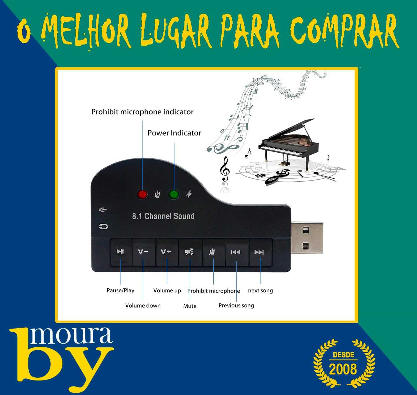 Adaptador de áudio placa de som externa USB 8.1 canais para 3,5 mm