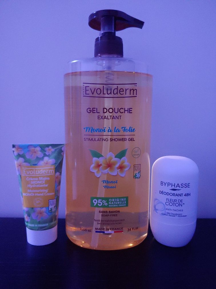 Conjunto Evoluderm Monoi gel duche + creme mãos + deo Byphasse