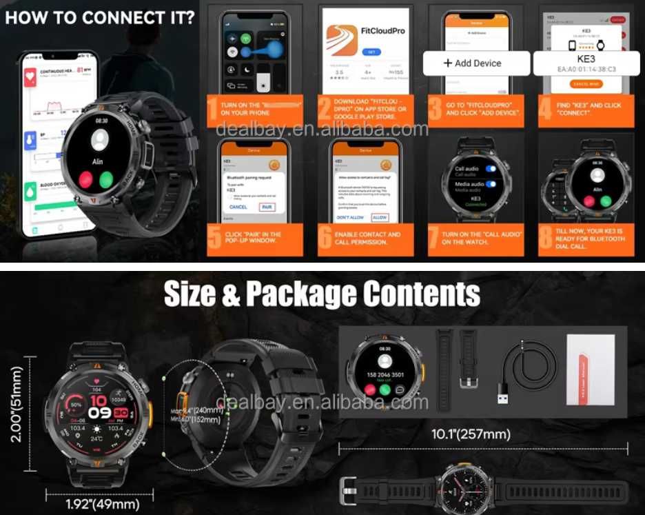 Inteligentny Smartwatch EIGIIS KE3 z latarką ,ekran HD 1,45 cala