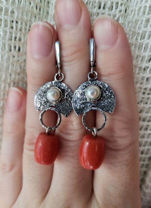 Серьги новые натуральный жемчуг коралл серебро 925 пробы