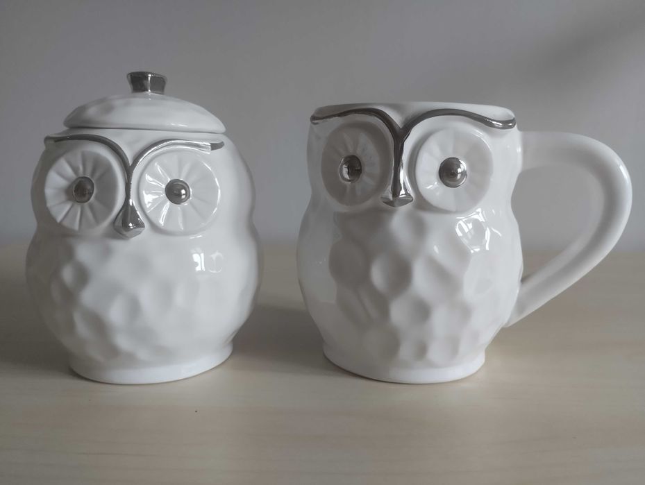 Kubek i pojemnik SOWA biały z ceramiki home&you zestaw