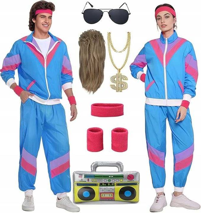 przebranie w stylu lat 80. 90 dres r. M PRL kostium peruka łańcuch