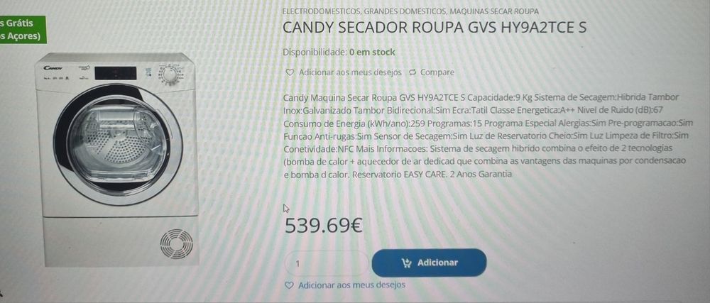 Máquina de secar roupa Candy smar touch