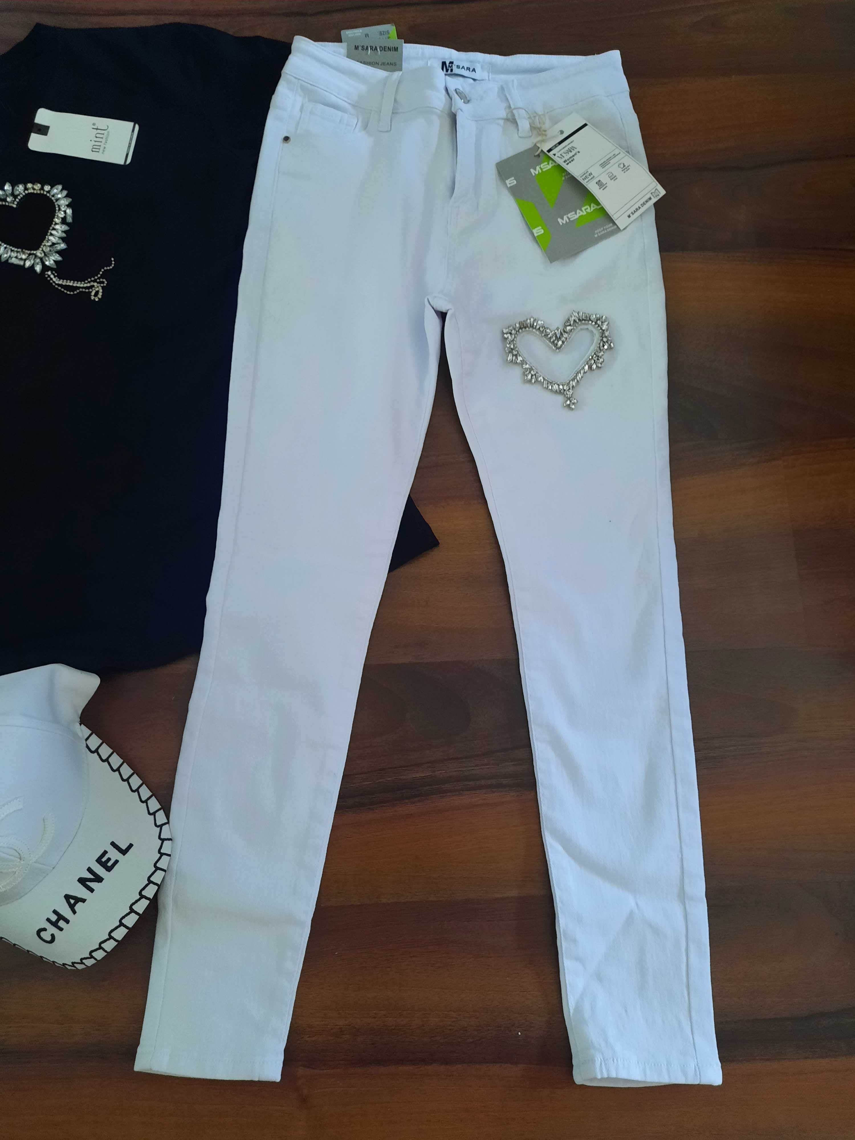 Nowe białe jeansy z sercem cyrkonie rozmiar M/38 M Sara