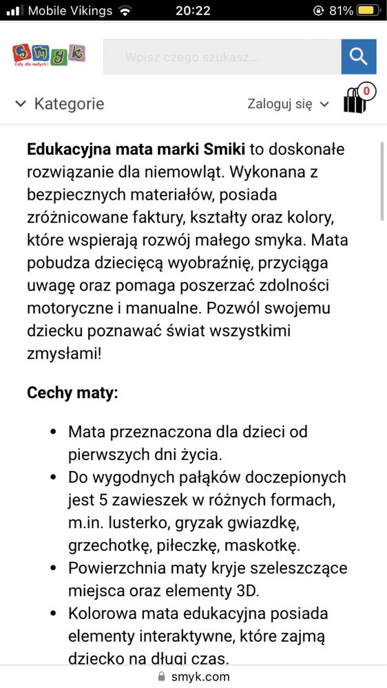 Mata sensoryczna edukacyjna smyk z pałąkami