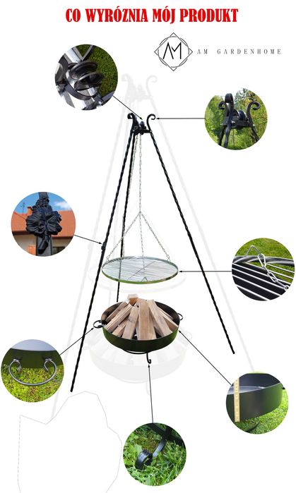 Grill ogrodowy  Kompletny zestaw TRÓJNÓG KUTY + PALENISKO + RUSZT